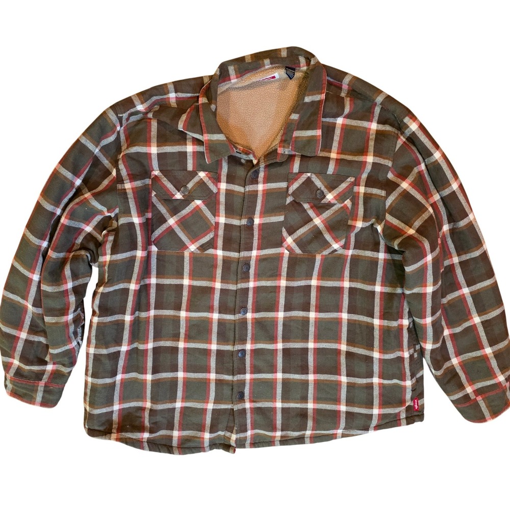 WRANGLER Mens 3XL Green Plaid Sherpa Lined Shirt‎ Jacket Shacket Workwear